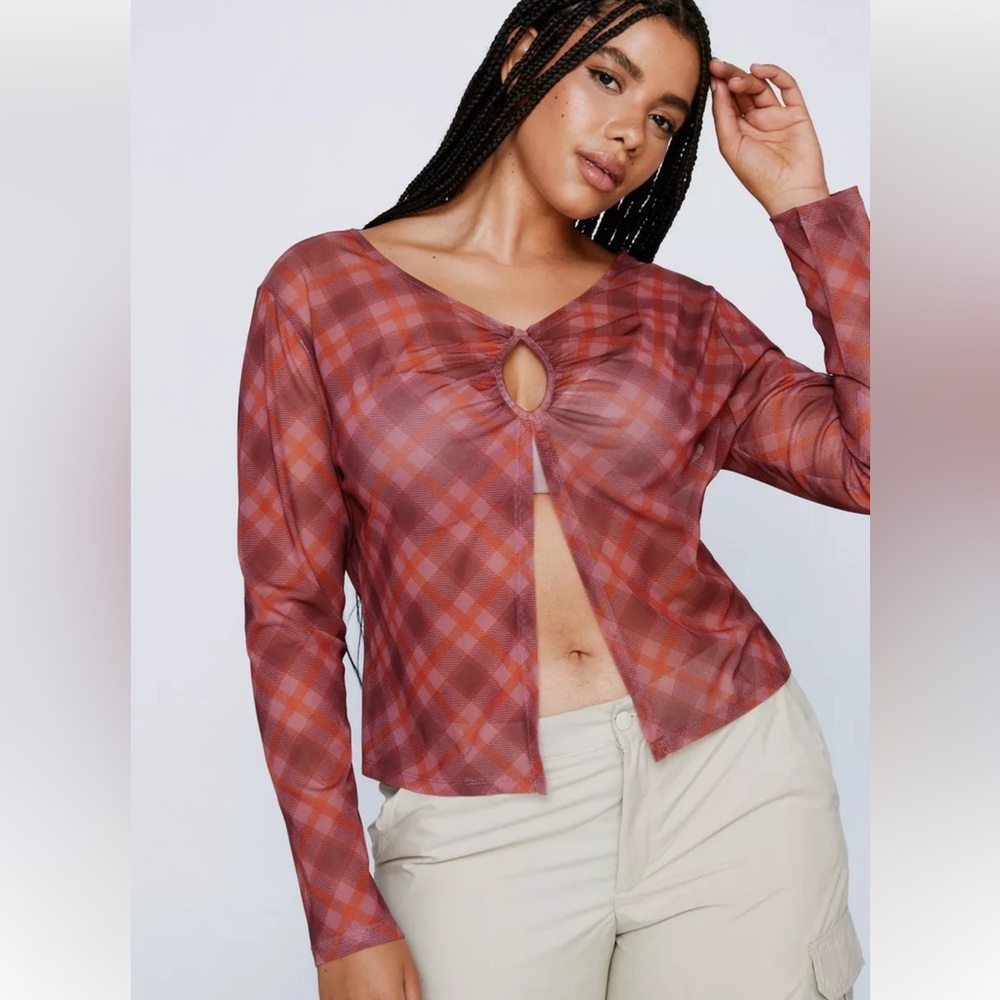 Nasty Gal Check Print Long Sleeve Mesh Top Size 10